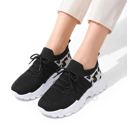 Women's Woven Knit Trainers with Leopard Accent
