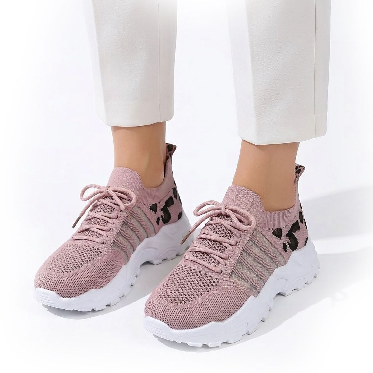 Women's Woven Knit Trainers with Leopard Accent