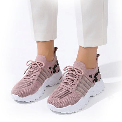 Women's Woven Knit Trainers with Leopard Accent